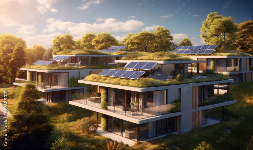 Modern eco-friendly multifamily homes with photovoltaic cells. Generative AI