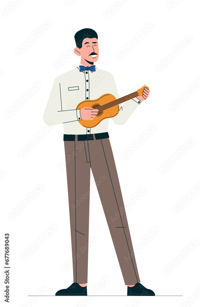 Musician with guitar concept. Man with musical instrument. Creativity and art. Artist perform at scene. Poster or banner. Cartoon flat vector illustration isolated on white background