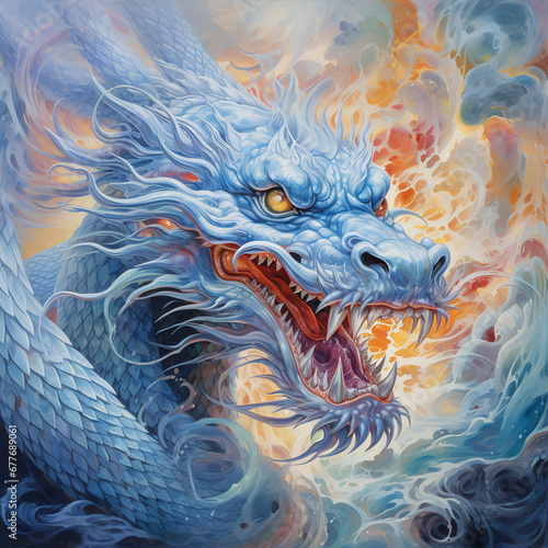 Blue dragon wrapped around flowers in the cloud by Ai generated