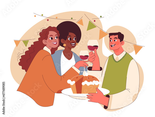 Joyful family celebrating Thanksgiving. American holiday dining and gathering. Happy friends spending time together. Flat vector illustration