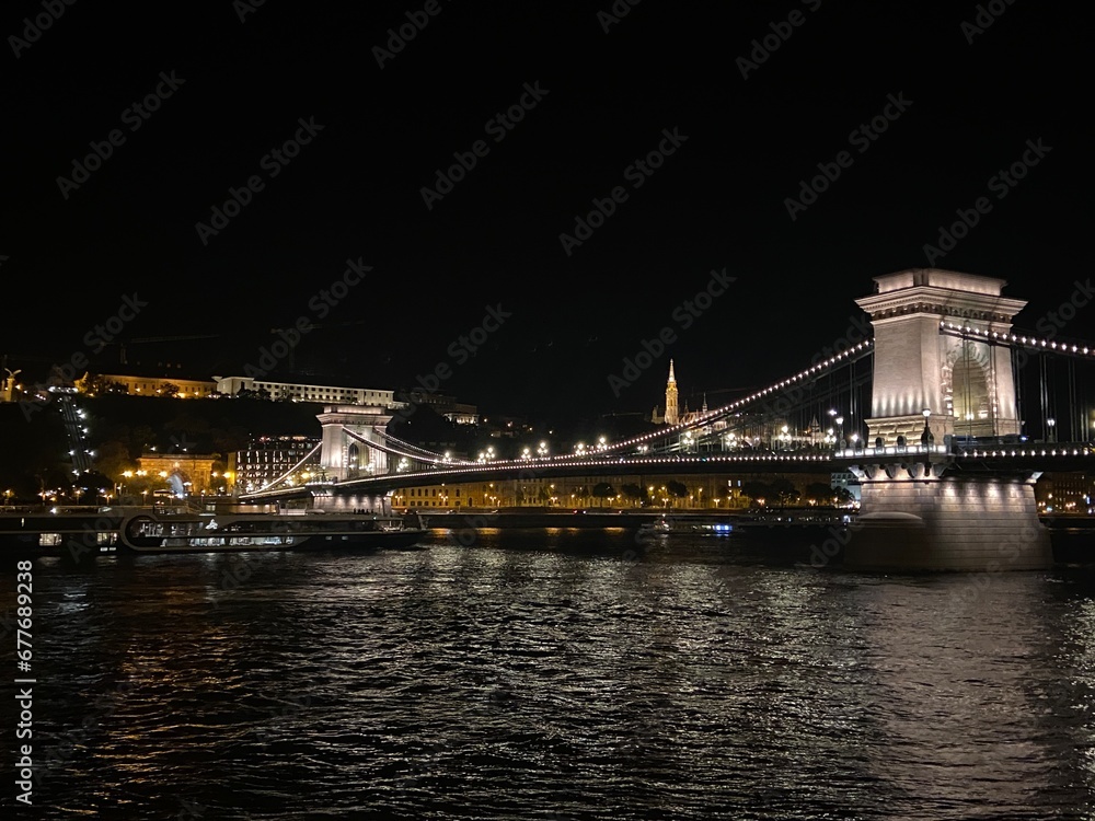 night view of the river , chain bridge Budapest