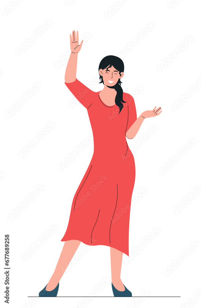 Dancer in red dress concept. Woman perform in trendy clothes. Creativity and art. Artist perform at scene. Graphic element for website. Cartoon flat vector illustration isolated on white background Dancer in red dress concept. Woman perform in trendy clothes. Creativity and art. Artist perform at scene. Graphic element for website. Cartoon flat vector illustration isolated on white background