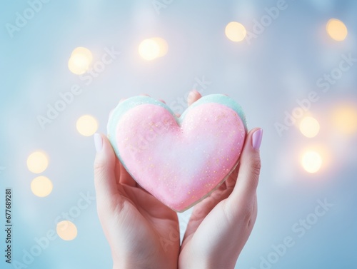 Soft hands showcasing a sparkling heart-shaped cookie with pastel tones on a bright background