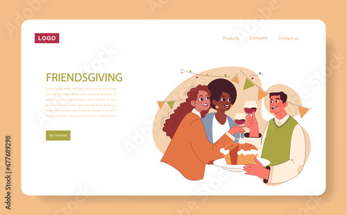 Joyful family celebrating Thanksgiving web banner or landing page. American holiday dining and gathering. Happy friends spending time together. Flat vector illustration