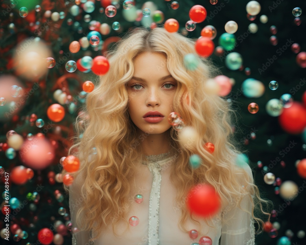 Blonde model in a whimsical setting surrounded by pastel bubbles creating a surreal scene