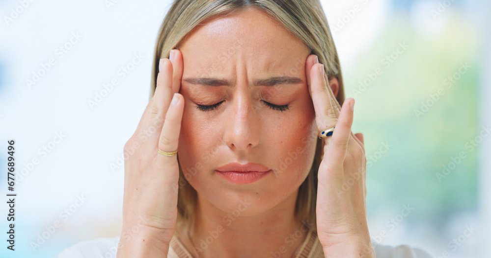 Fototapeta premium Business, woman and headache in office with stress, burnout and risk in corporate company from migraine. Person, employee or entrepreneur with burnout, anxiety or discomfort from strain at workplace