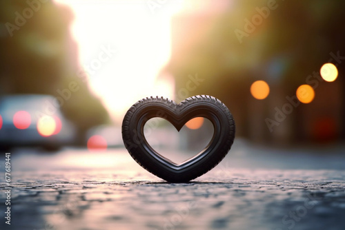 Car tire in the shape of a heart on the background of the city