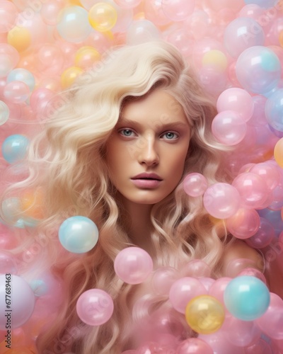 Portrait of a striking woman with blonde curls against a background of multicolored balloons