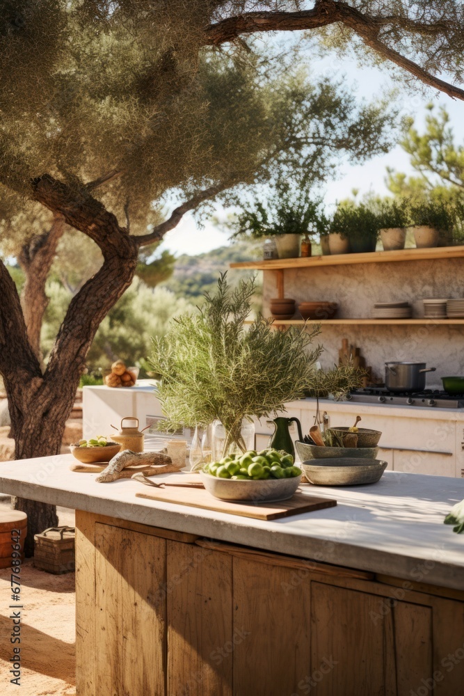Intimate outdoor kitchen corner basked in warm sunlight with fresh ingredients on the counter