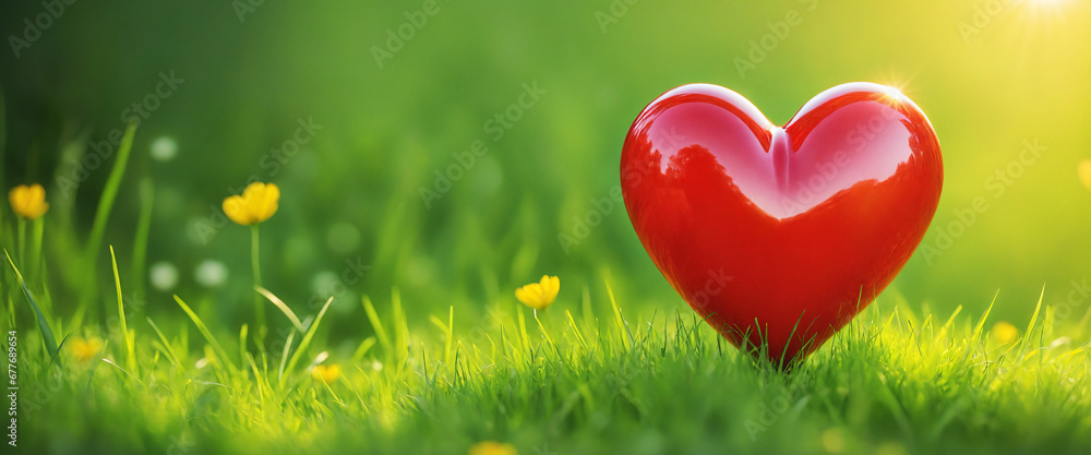 Big red shiny heart in green grass and flowers with blurred background. Valentine's day illustration. Generative AI Big red shiny heart in green grass and flowers with blurred background. Valentine's day illustration. Generative AI