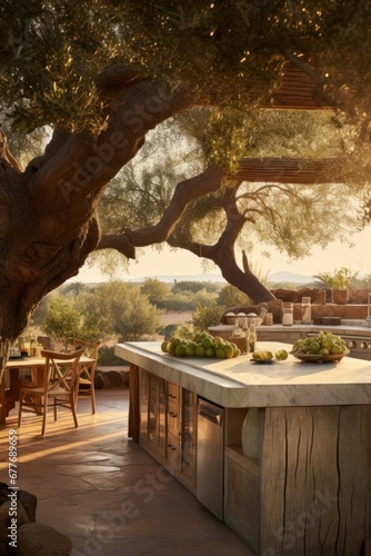 Rustic outdoor kitchen design with a long wooden island under the shade of an old olive tree