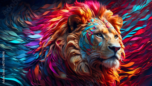 Majestic head of a male lion  adorned with a flowing mane and set against a backdrop of vibrant rainbow-colored flowing textiles.
