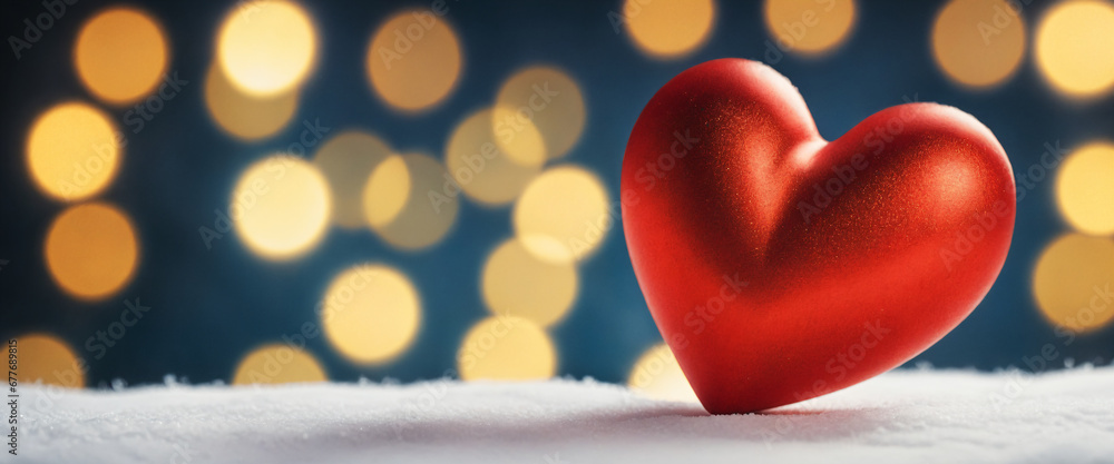 Big red shiny heart in white snow with bokeh effect background. Valentine's day illustration. Generative AI
