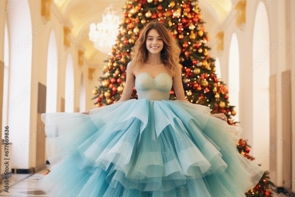 Happy woman spins in a stunning blue tulle dress amidst a beautifully decorated christmas tree setting