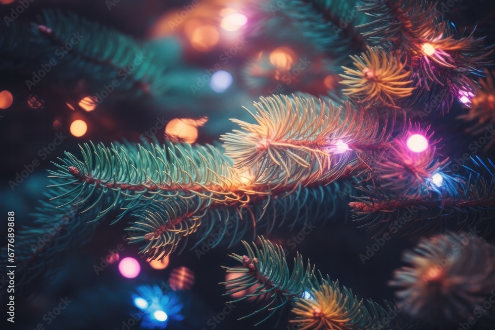 Macro photography of christmas tree branches with vibrant holiday lights glowing softly