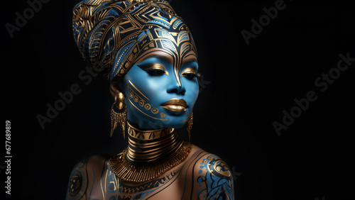 black tribal woman with with blue and gold ornaments photo