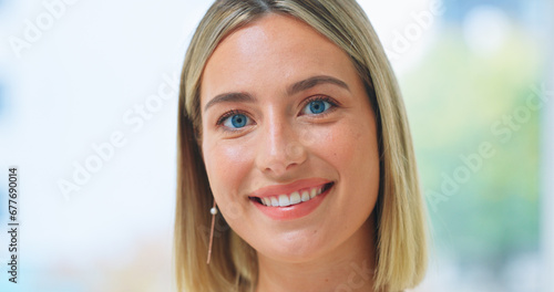 Woman, portrait and smile as closeup for relax happy, proud or casual pose. Female person, face and confident attitude or bright mood as positive living for attractive or cheerful joy, calm in Canada