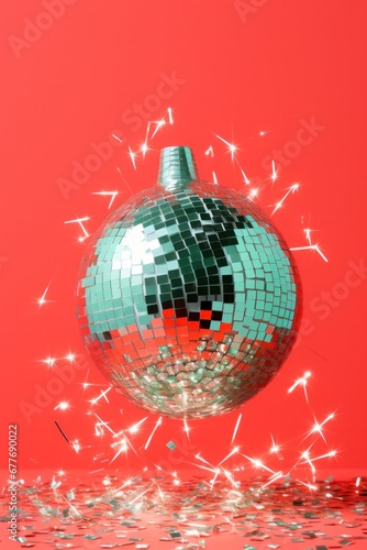 Silver disco ball emitting a dazzling sparkle  placed on a neon pink ground  reflecting a vivid party vibe