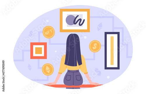 Woman with NFT concept. Young girl sit and look at pictures. Cryptocurrency and blockchain technology. Modern security system. Investing and trading. Cartoon flat vector illustration