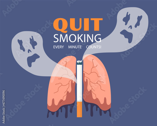 Quit smoking concept. Fight against bad habbits. Refuse from cigarettes, nicotine and tobacco. Poster or banner for website. Cartoon flat vector illustration isolated on blue baackground