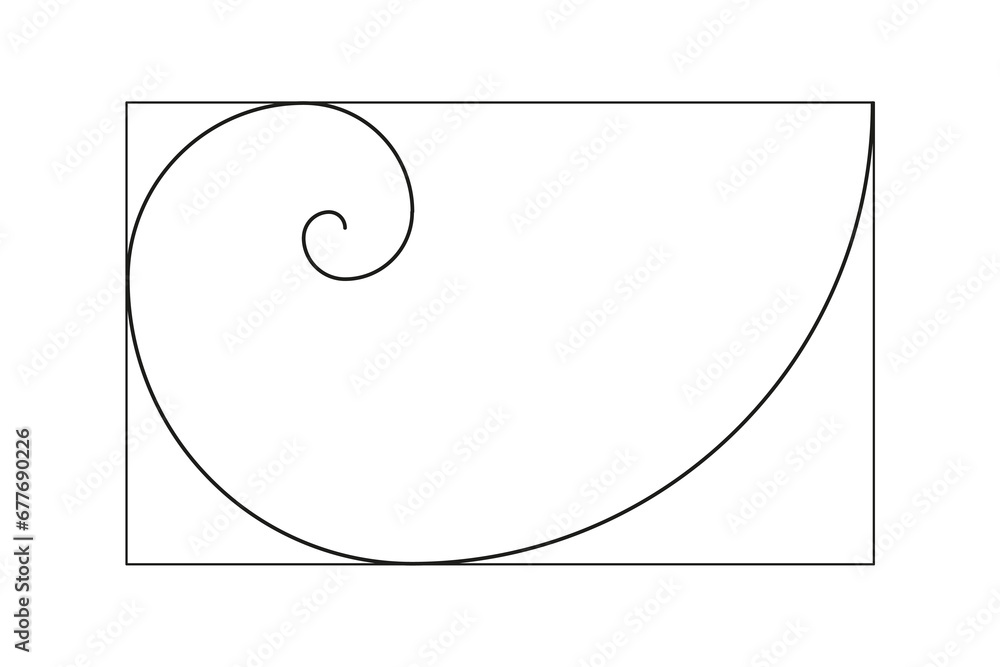 Golden ratio template. Method golden section. Fibonacci array, numbers. Golden proportions. Logarithmic spiral. Vector outline illustration. - obrazy, fototapety, plakaty 