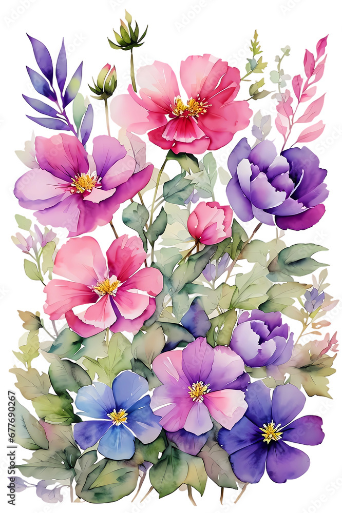 watercolor painting of purple, pink and blue wildflowers, green leaves, splash of color, hand drawn and painted effect on a white background watercolor painting of purple, pink and blue wildflowers, green leaves, splash of color, hand drawn and painted effect on a white background