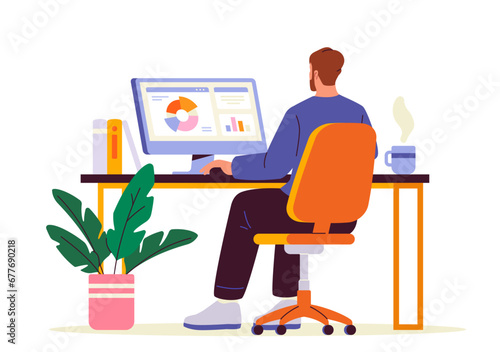 Office desk person concept. Man sitting near computer with graphs and diagrams. Young guy with pc. Worker at workplace. Cartoon flat vector illustration isolated on white background