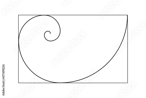 Golden ratio template. Method golden section. Fibonacci array, numbers. Golden proportions. Logarithmic spiral. Vector outline illustration.