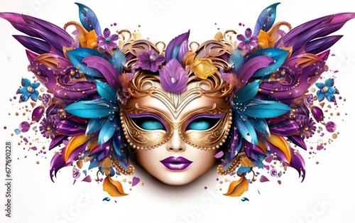 Mardi Gras poster. Banner template with purple Venetian masquerade mask for women isolated on white background. Sequin mask for carnivals. Costume party. Paper mache face covering. AI Generative © your_inspiration