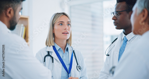 Group  professional woman and doctors meeting  planning or cooperation on medical help  clinic service or healthcare. Discussion  leader and team surgeon  nurses or medicine expert consulting on plan