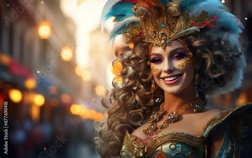 Mardi Gras poster. Portrait of a pretty woman wearing a carnival hat with feathers and a dress posing for photo on European lit evening street. Copy space at the left. AI Generative © your_inspiration