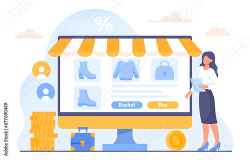 Online business shop concept. Woman near computer monitor with goods and products. Electronic commerce and online shopping. Owner of market on internet. Cartoon flat vector illustration