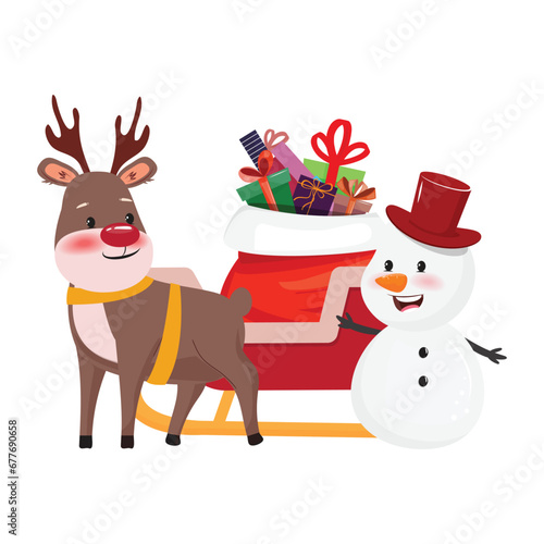 Cartoon illustration a reindeer and snowman standing next to fall Santa Claus sack. Christmas illustration. photo