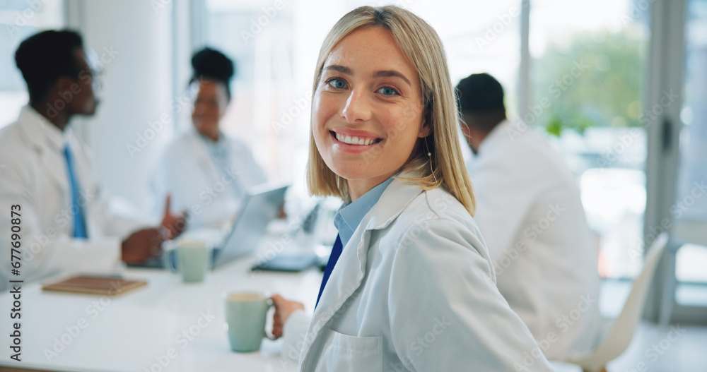 Portrait, woman and doctors in a meeting, smile and healthcare with planning, hospital and teamwork. Face, professional and group with management staff, research and brainstorming with medicare - obrazy, fototapety, plakaty 