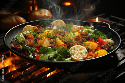 Frying pan with tasty potato wedges on fire background, closeup