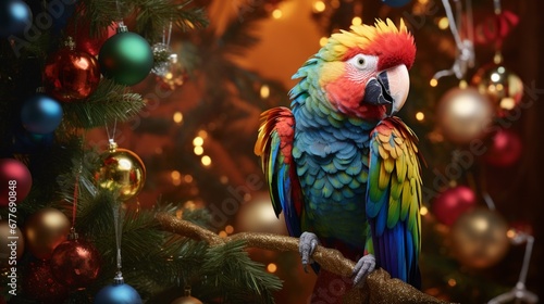 A colorful parrot playfully dances around a Christmas tree, its beak adorned with a shimmering ornament. © Fahad
