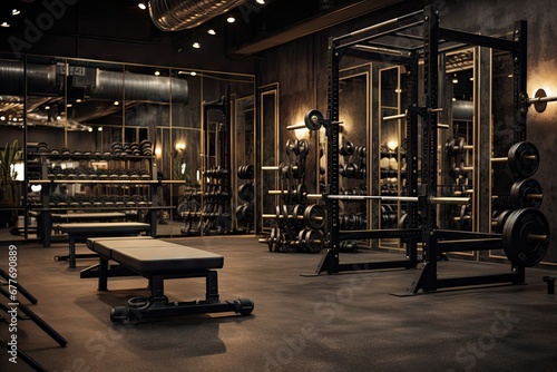 Gym with barbells and different equipment, luxurious aesthetic, created with AI