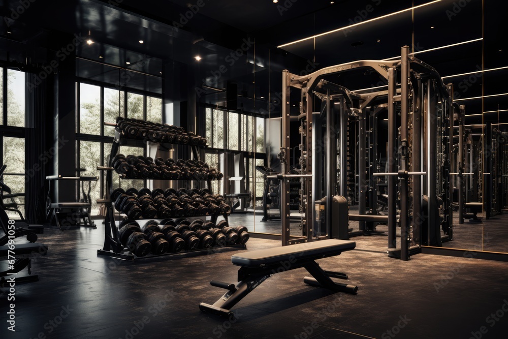 Gym with barbells and different equipment, luxurious aesthetic, created with AI