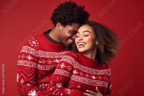 african american young married couple wear ornament sweaters arms cheeks cuddling isolated red color