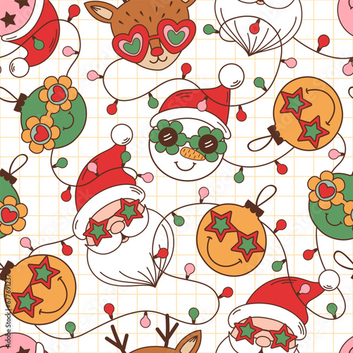 seamless pattern with groovy retro Santa face, snowman face, Christmas balls
