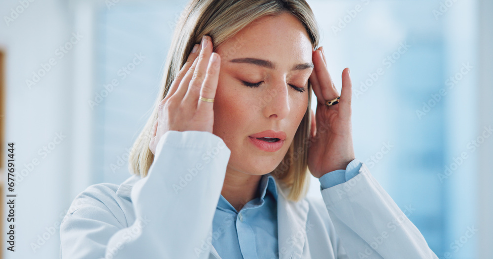 Doctor, woman and headache in office with burnout, stress and risk at hospital or clinic from migraine. Person, employee or professional with wellness, anxiety or discomfort from strain at workplace Doctor, woman and headache in office with burnout, stress and risk at hospital or clinic from migraine. Person, employee or professional with wellness, anxiety or discomfort from strain at workplace