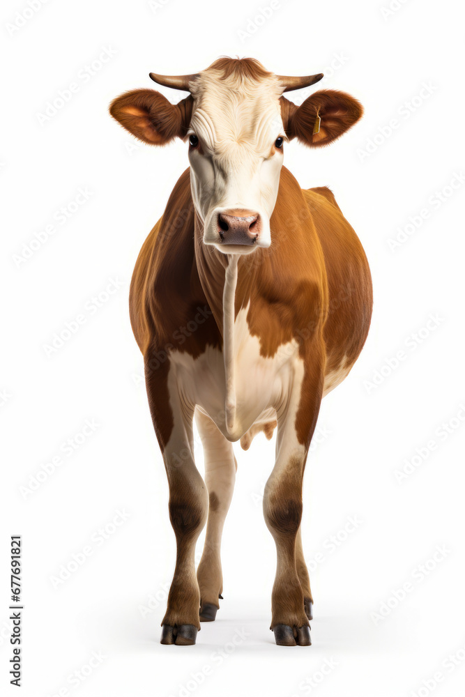 Brown and white cow standing on white background with bell around its neck.