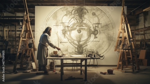 Title	 Documentary Shot of Leonardo Da Vinci Working on His Famous Piece of the Vitruvian Man in His Workshop. A Historical Moment Depicting Talent and Brilliance at Its Peak. Generative AI photo