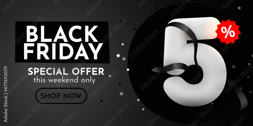 5 percent Off. Black Friday Sale composition with decorative objects. Discount banner and poster. 5 percent Off. Black Friday Sale composition with decorative objects. Discount banner and poster.