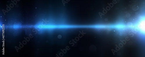 intense blue and mainly off screen lens flare overlay texture with bokeh effect with black background panorama banner, Generative AI