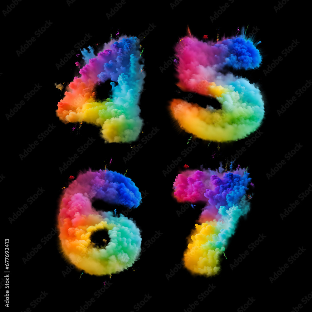 Raster font set with letters made of rainbow colors smoke powder. Abstract style alphabet made with Generative AI technology.
