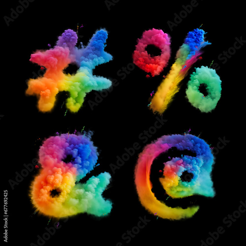 Raster font set with letters made of rainbow colors smoke powder. Abstract style alphabet made with Generative AI technology.