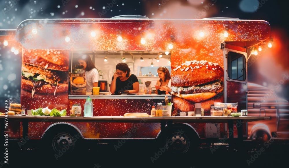 Food truck serving food, open store in a festive atmoshpere, created