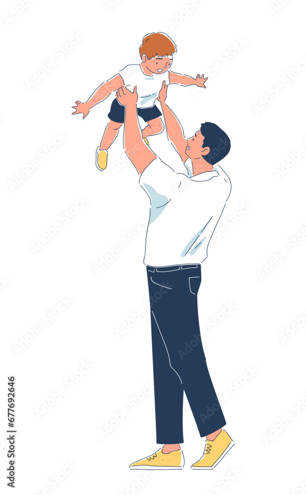 Parent with child doodle concept. Father with son. Good relations in family. Man with boy at hands. Graphic element for website. Cartoon flat vector illustration isolated on white background Parent with child doodle concept. Father with son. Good relations in family. Man with boy at hands. Graphic element for website. Cartoon flat vector illustration isolated on white background