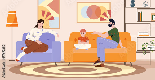 Parents conflict in family concept. Father and mother scream at each other near their son. Bad relationship in couple. Quarrel and scandal. Sad boy near parents. Cartoon flat vector illustration